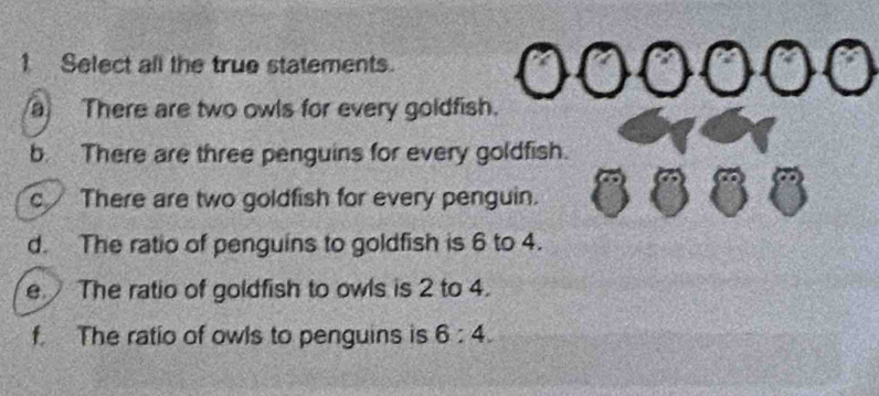 Select all the true statements. 
a There are two owls for every goldfish. 
b. There are three penguins for every goldfish. 
c There are two goldfish for every penguin. 
d. The ratio of penguins to goldfish is 6 to 4. 
e The ratio of goldfish to owls is 2 to 4. 
f. The ratio of owls to penguins is 6:4.