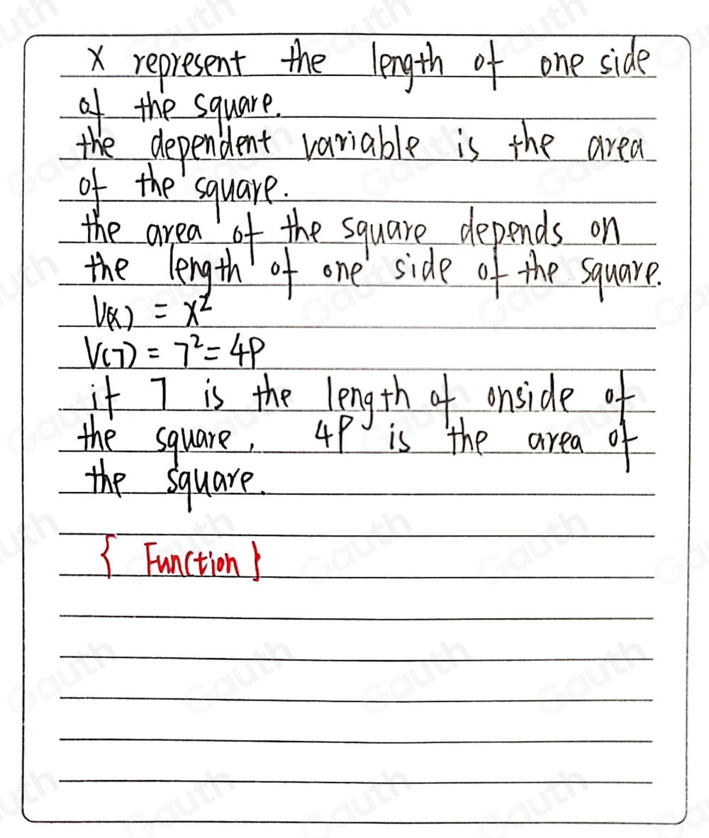 Solved: The area of a square depends on the length of its sides. Answer ...