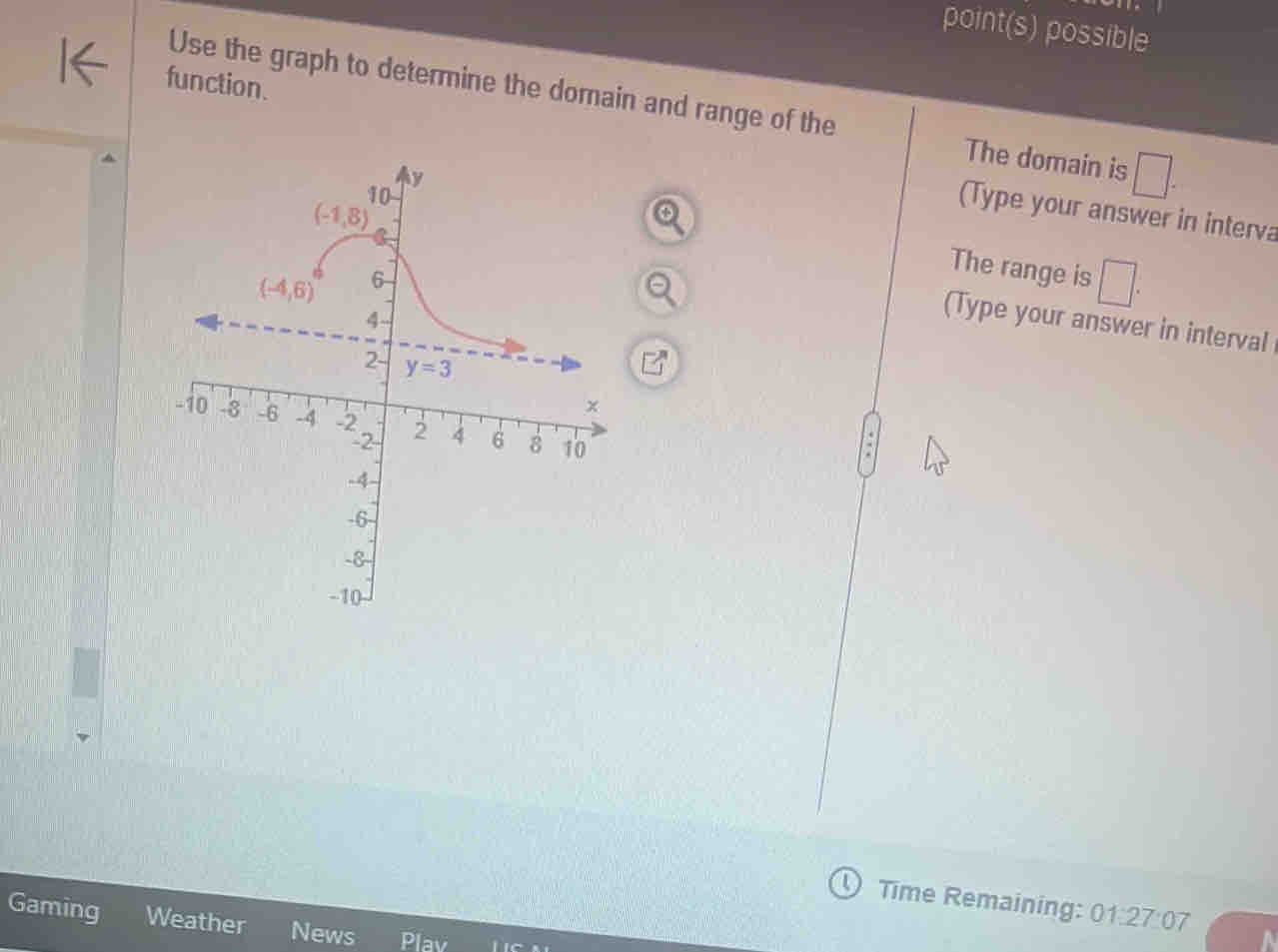 point(s) possible
function
Use the graph to determine the domain and range of the The domain is □ .
(Type your answer in interva
The range is □ .
(Type your answer in interval
Time Remaining: 01:27:07
Gaming Weather News Plav