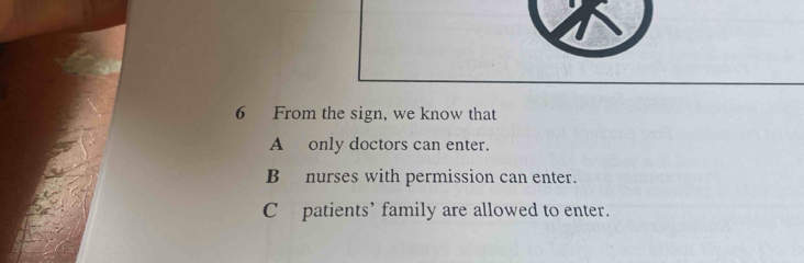 From the sign, we know that
A only doctors can enter.
B nurses with permission can enter.
C patients’ family are allowed to enter.