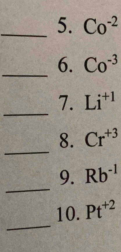 Co^(-2)
_ 
6. Co^(-3)
_ 
7. Li^(+1)
_ 
8. Cr^(+3)
_ 
9. Rb^(-1)
_ 
10. Pt^(+2)