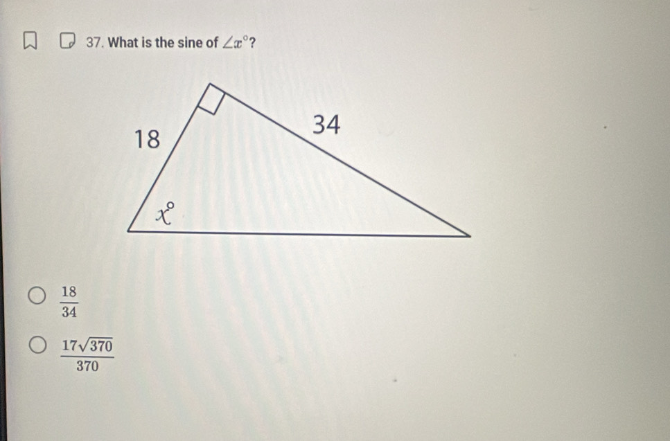 What is the sine of ∠ x° ?
 18/34 
 17sqrt(370)/370 