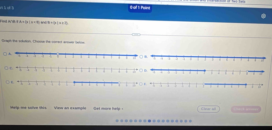 and Intersection of Two Sets
1 of 3 0 of 1 Point 
Find A∩B if A= x|x<8 and B= x|x≥ 2. 
Graph the solution. Choose the correct answer below. 
Help me solve this View an example Get more help - Clear all Check answer