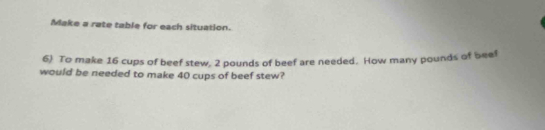 Make a rate table for each situation. 
6) To make 16 cups of beef stew, 2 pounds of beef are needed. How many pounds of beef 
would be needed to make 40 cups of beef stew?