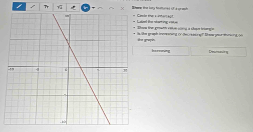 Tr Show the key features of a graph 
× 
rcle the x-intercept 
bel the starting value 
ow the growth value using a slope triangle 
the graph increasing or decreasing? Show your thinking on 
e graph. 
Increasing Decreasing