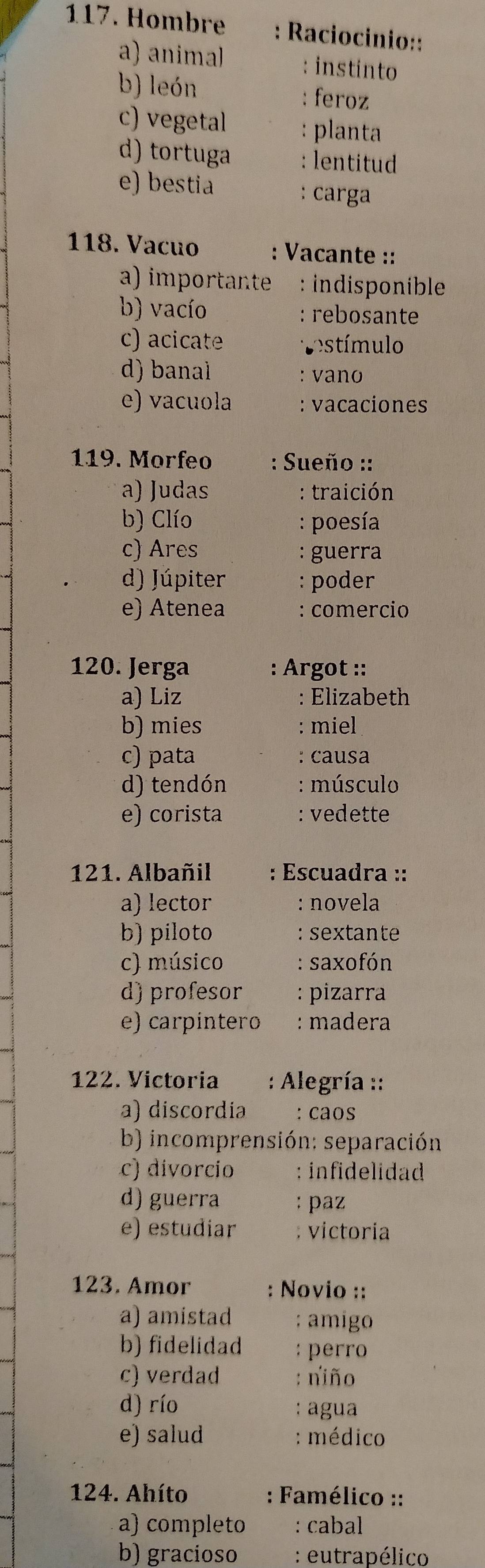 Hombre : Raciocinio::
a) animal : instinto
b) león : feroz
c) vegetal planta
d) tortuga : lentitud
e) bestia : carga
118. Vacuo : Vacante ::
a) importante : indisponible
b) vacío : rebosante
c) acicate estímulo
d) banal : vano
e) vacuola : vacaciones
119. Morfeo : Sueño ::
a) Judas : traición
b) Clío poesía
c) Ares : guerra
d) Júpiter : poder
e) Atenea : comercio
120. Jerga : Argot ::
a) Liz : Elizabeth
b) mies : miel
c) pata : causa
d) tendón : músculo
e) corista : vedette
121. Albañil : Escuadra ::
a) lector : novela
b) piloto : sextante
c) músico : saxofón
d) profesor : pizarra
e) carpintero : madera
122. Victoria : Alegría ::
a) discordia : caos
b) incomprensión: separación
c) divorcio : infidelidad
d) guerra : paz
e) estudiar ; victoria
123. Amor : Novio ::
a) amistad : amigo
b) fidelidad : perro
c) verdad : niño
d) río : agua
e) salud : médico
124. Ahíto : Famélico ::
a) completo : cabal
b) gracioso : eutrapélico