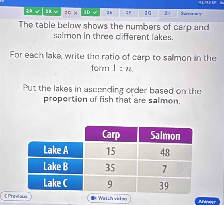 43,743 XP 
2A 2B 2C x 2D 2E 2F 2G 2H Summary 
The table below shows the numbers of carp and 
salmon in three different lakes. 
For each lake, write the ratio of carp to salmon in the 
form 1:n. 
Put the lakes in ascending order based on the 
proportion of fish that are salmon. 
C Previous Watch video Answer