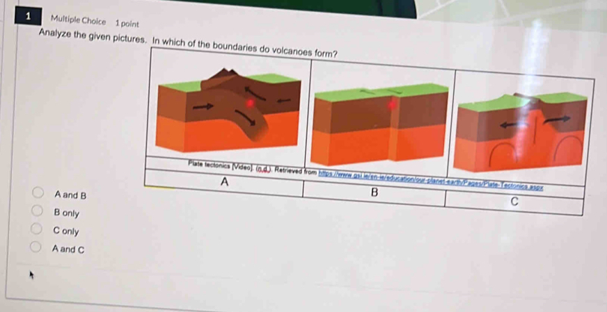 Analyze the given pictures. In which of the bounform?
e tectonics (Video). (n,d_). Retrieved-ie/education/our-planet-earth/Pages/Plate-Tectonics asps
A
A and B
B
C
B only
C only
A and C