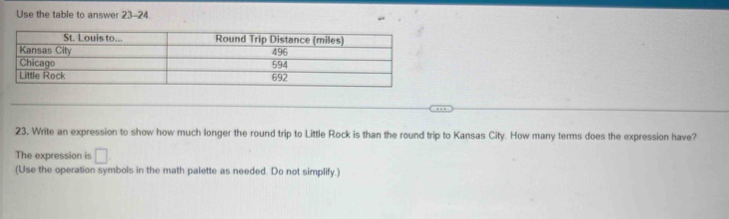 Use the table to answer 23-24. 
23. Write an expression to show how much longer the round trip to Little Rock is than the round trip to Kansas City. How many terms does the expression have? 
The expression is □. 
(Use the operation symbols in the math palette as needed. Do not simplify.)