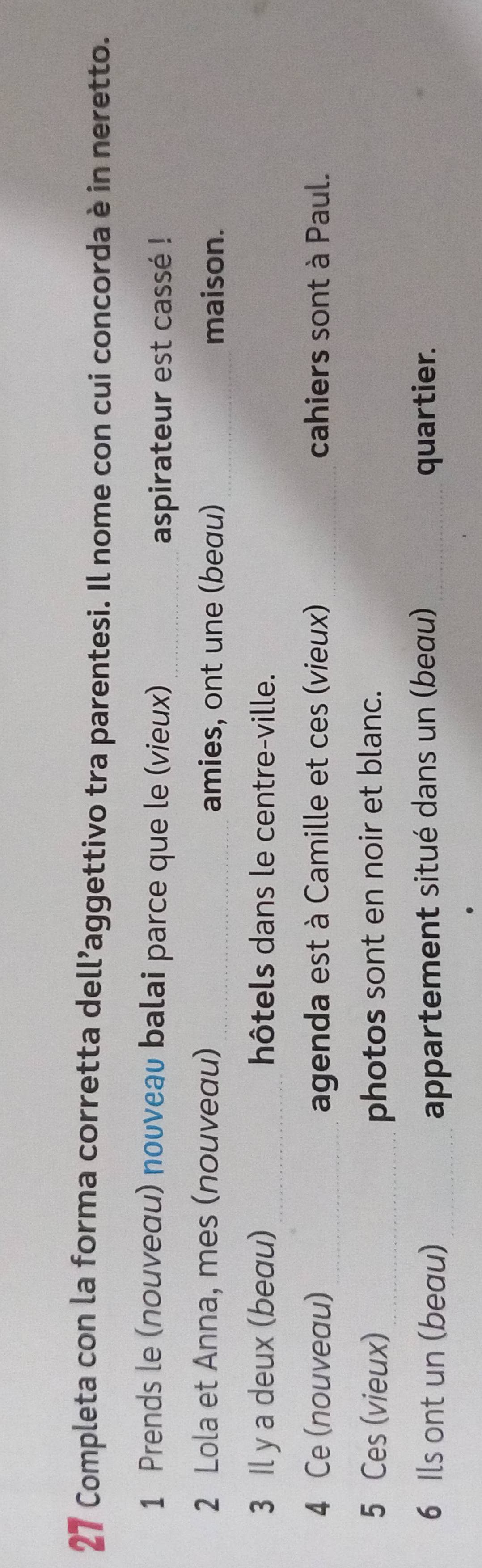 Completa con la forma corretta dell’aggettivo tra parentesi. Il nome con cui concorda è in neretto. 
1 Prends le (nouνeαu) noυveau balai parce que le (vieux)_ 
aspirateur est cassé ! 
2 Lola et Anna, mes (nouveαu) _amies, ont une (beɑu) maison. 
3 Il y a deux (beαu)_ hôtels dans le centre-ville. 
4 Ce (nouveau) _agenda est à Camille et ces (vieux) _cahiers sont à Paul. 
5 Ces (vieux)_ photos sont en noir et blanc. 
6 Ils ont un (beau) _appartement situé dans un (beau) quartier.