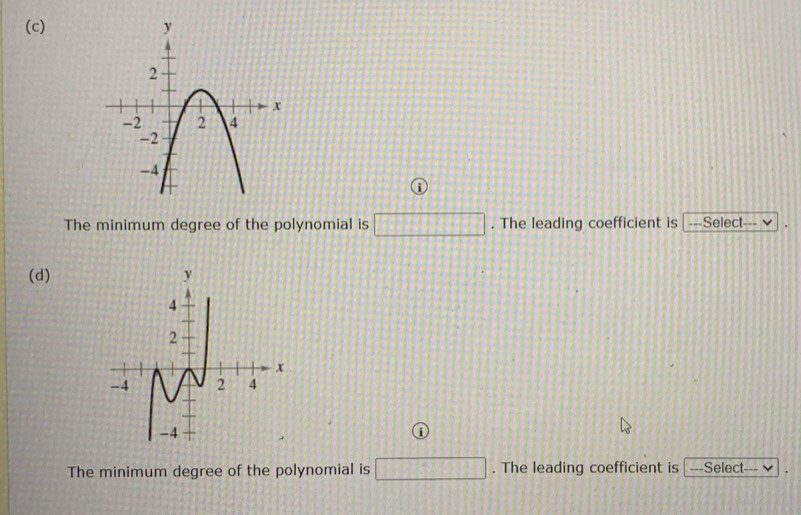 The minimum degree of the polynomial is □. The leading coefficient is ---Select--- v 
(d) 
The minimum degree of the polynomial is □. The leading coefficient is ---Select