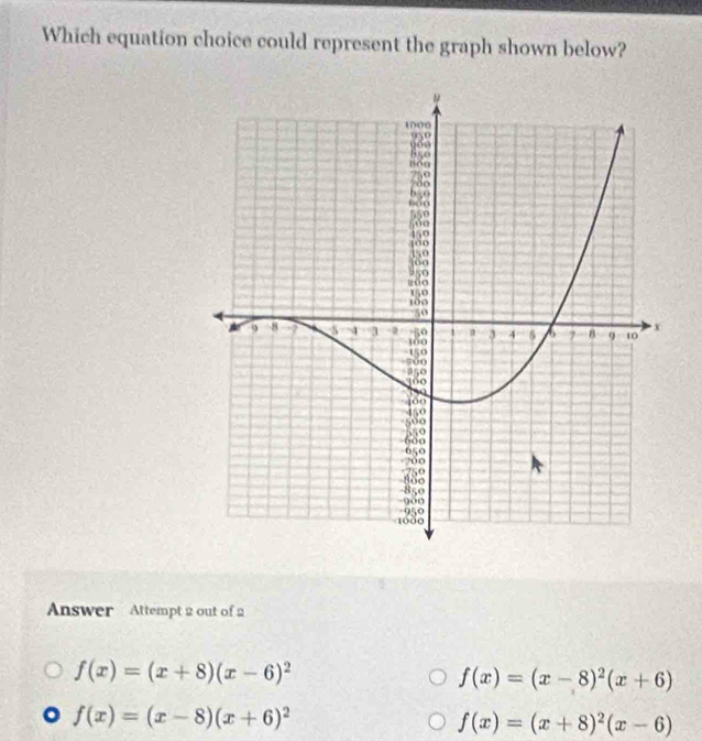 Which equation choice could represent the graph shown below?
Answer Attempt 2 out of 2
f(x)=(x+8)(x-6)^2
f(x)=(x-8)^2(x+6)
f(x)=(x-8)(x+6)^2
f(x)=(x+8)^2(x-6)