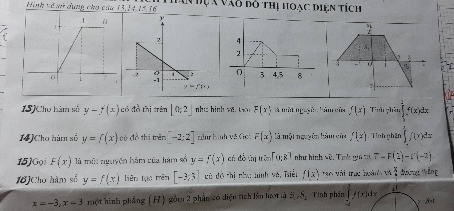 Hăn dụa vào đô thị hoặc diện tích
Hình vẽ sử dụng cho câu 13,14,15,16
3 4
2
S
2 3
-3 -1 1 S
-2
13)Cho hàm số y=f(x) có đồ thị trên [0;2] như hình vẽ. Gọi F(x) là một nguyên hàm của f(x) Tính phân ∈tlimits _0^(2f(x)dx
14)Cho hàm số y=f(x) có đồ thị trên [-2;2] như hình vẽ.Gọi F(x) là một nguyên hàm của f(x). Tính phân ∈tlimits _(-2)^2f(x)dx
15)Gọi F(x) là một nguyên hàm của hàm số y=f(x) có đồ thị trên [0;8] như hình về. Tính giá trị T=F(2)-F(-2).
16)Cho hàm số y=f(x) liên tục trên [-3;3] có đồ thị như hình vẽ, Biết f(x) tạo với trục hoành và _ 3) π endarray đường thắng
x=-3,x=3 một hình phẳng (H) gồm 2 phần có diện tích lần lượt là S_1,S_2. Tính phân ∈tlimits _(-3)^3f(x)dx 4
y=f(x)