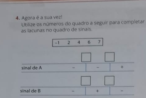 Agora é a sua vez! 
Utilize os números do quadro a seguir para completar 
as lacunas no quadro de sinais.
-1 2 4 6 7
beginarrayr □  □ endarray | 
sinal de A + 
□ 
sinal de B . +