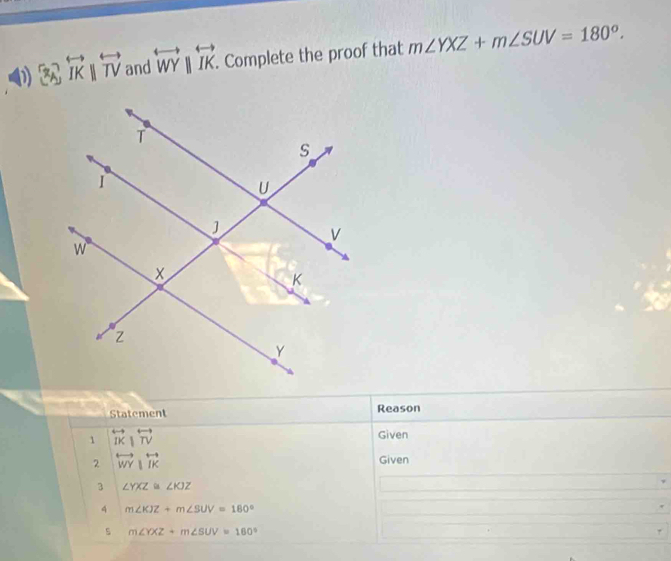 x_A' overleftrightarrow IKparallel overleftrightarrow TV and overleftrightarrow WYparallel overleftrightarrow IK. . Complete the proof that m∠ YXZ+m∠ SUV=180°. 
Statement Reason 
1 overleftrightarrow IK|overleftrightarrow TV
Given 
2 overleftrightarrow WYparallel overleftrightarrow IK
Given 
3 ∠ YXZ≌ ∠ KJZ
4 m∠ KJZ+m∠ SUV=180°
s m∠ YXZ+m∠ SUV=180°