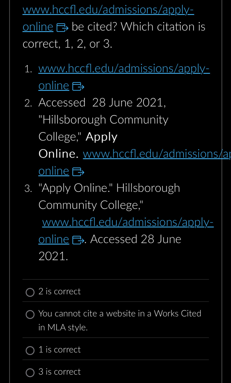 Solved: online be cited? Which citation is correct, 1, 2, or 3. 1. www ...