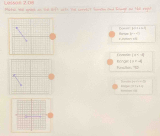 Lesson 2.06
Match the arap wurth The corect Vomain And on the righ?
Domain: (-3
Ronge (y=-1)
Function: YES
Domain: (x
Range:  y>-4
Function: YES
Donoins (-6≤ a
Ronge (-2
Funclian 185