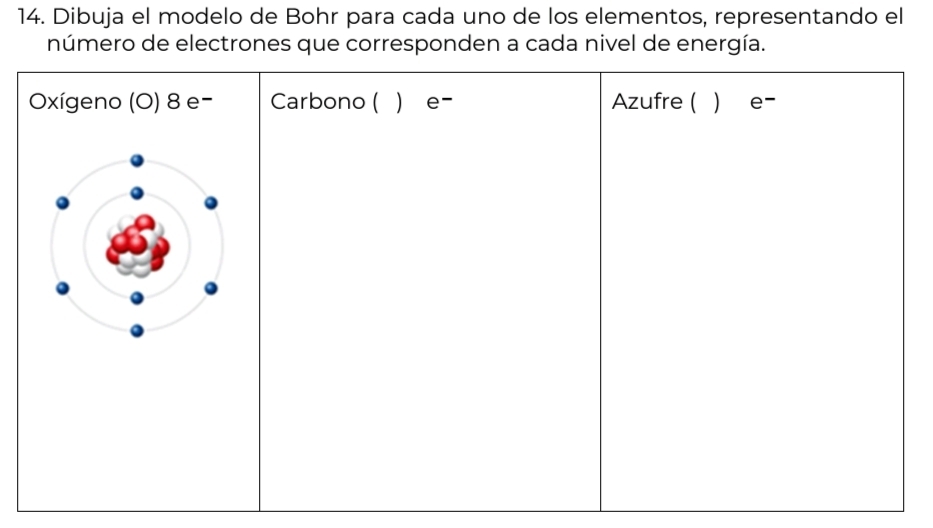 Dibuja el modelo de Bohr para cada uno de los elementos, representando el 
número de electrones que corresponden a cada nivel de energía.