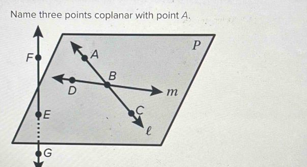 Name three points coplanar with point A.
P
F
A
B
D
m
E
C
l
G