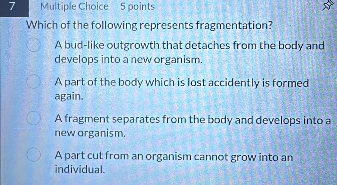 Solved: Which of the following represents fragmentation? A bud-like ...