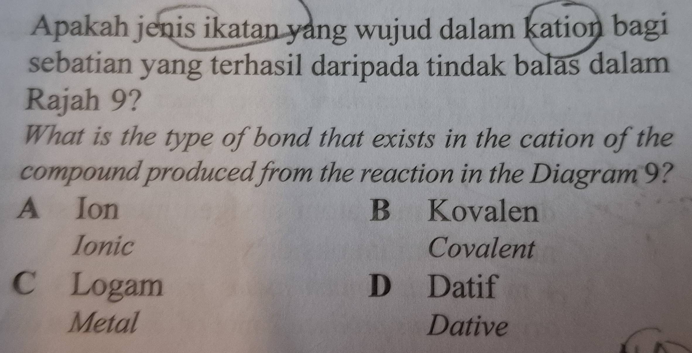 Apakah jenis ikatan yang wujud dalam kation bagi
sebatian yang terhasil daripada tindak balas dalam
Rajah 9?
What is the type of bond that exists in the cation of the
compound produced from the reaction in the Diagram 9?
A Ion B Kovalen
Ionic Covalent
C Logam D Datif
Metal Dative