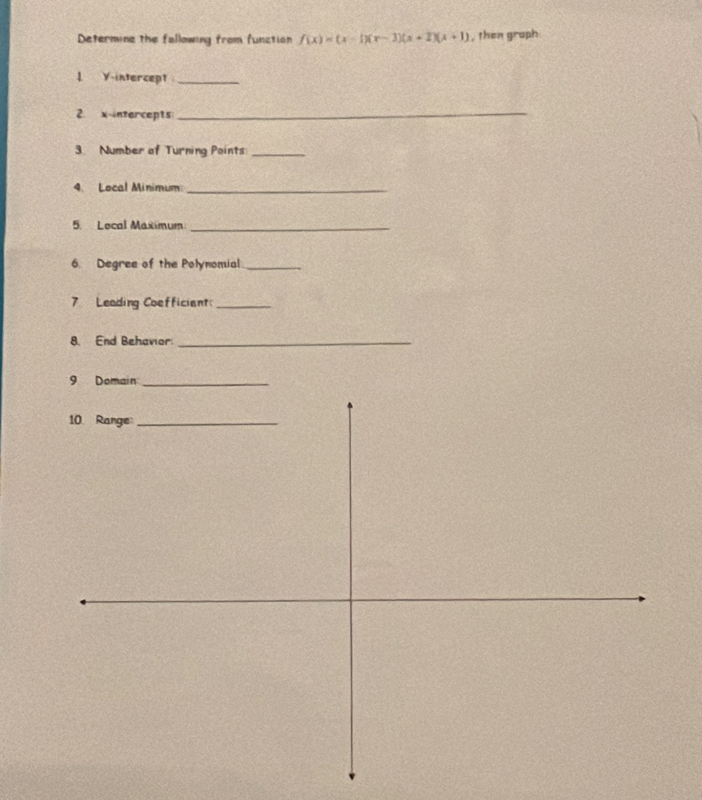 Determine the fallowing from function f(x)=(x-1)(x-3)(x+2)(x+1) , then graph 
1 Y-intercept _ 
2. xintercepts_ 
3. Number of Turning Points_ 
4. Local Minimum_ 
5. Local Maximum_ 
6. Degree of the Polynomial_ 
7 Leading Coefficiant:_ 
8. End Behavior_ 
9 Domain