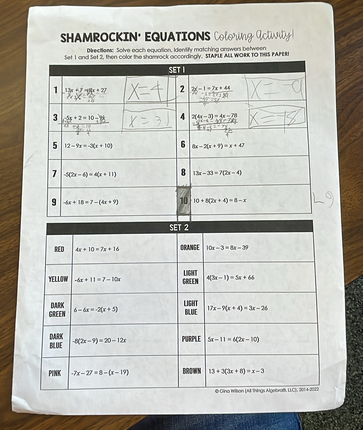 SHAMROCKIN' EQUATIONS Colorng Octwty !
Directions: Solve each equation. Identify matching answers between
LE ALL WORK TO THIS PAPER!