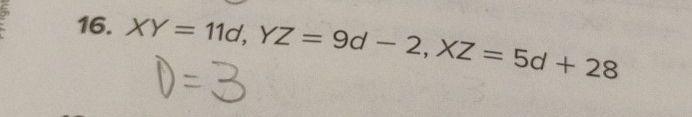 XY=11d, YZ=9d-2, XZ=5d+28