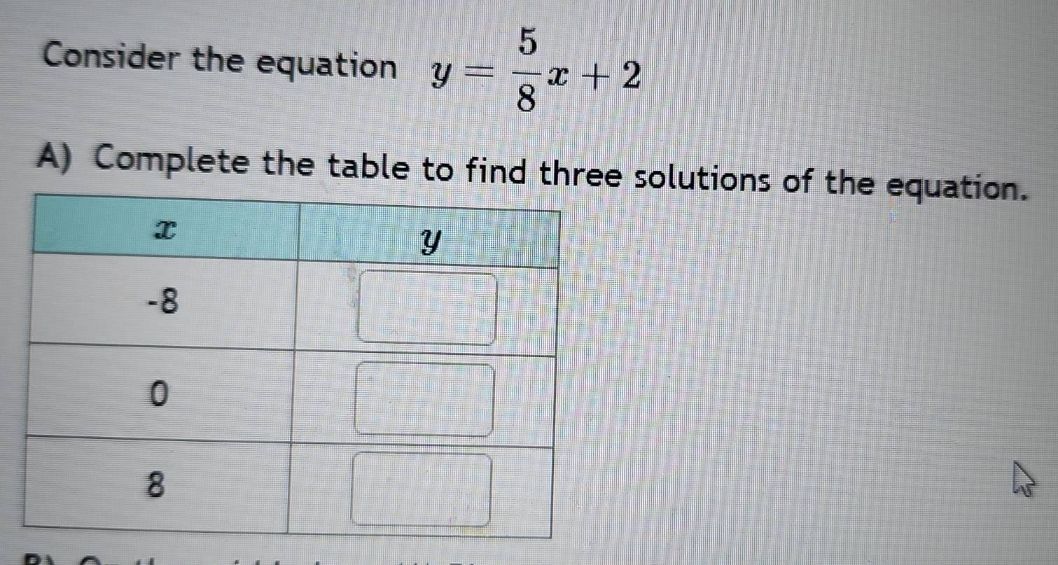 Consider the equation y= 5/8 x+2
A) Complete the table to find three solutions of the equation.