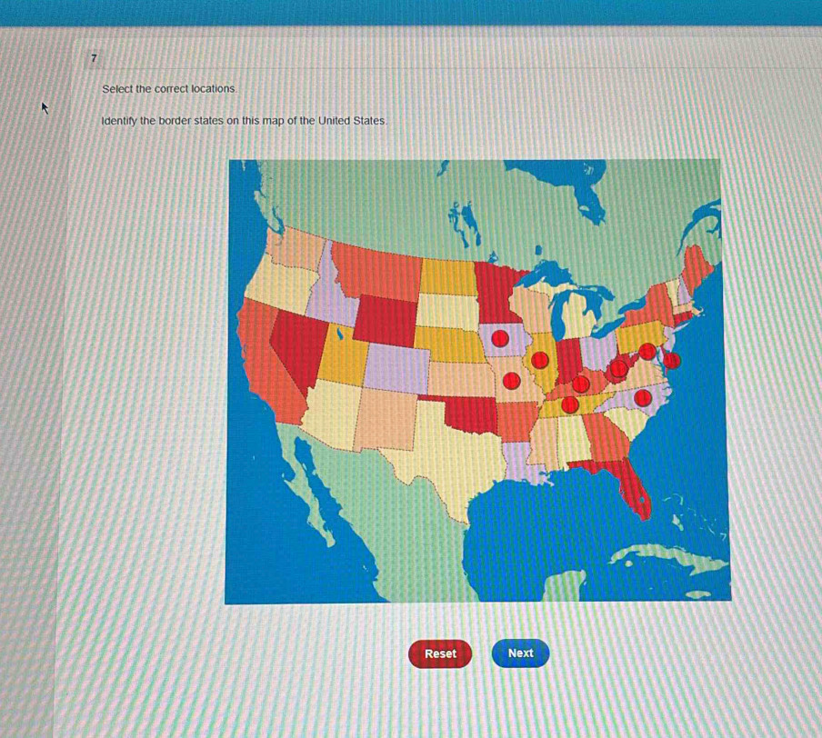 Solved: Select the correct locations. Identify the border states on ...