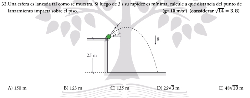 Una esfera es lanzada tal como se muestra. Si luego de 3 s su rapidez es mínima, calcule a qué distancia del punto de
lanzamiento impacta sobre el piso. (g=10m/s^2) (considerar sqrt(14)=3. ! 8)
V°
53°
g
25 m
A) 150 m B) 153 m C) 135 m D) 25sqrt(3)m E) 48sqrt(10)m