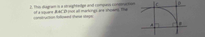 This diagram is a straightedge and compass construction D 
of a square BACD (not all markings are shown). The 
construction followed these steps: