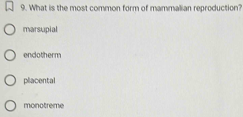 What is the most common form of mammalian reproduction?
marsupial
endotherm
placental
monotreme