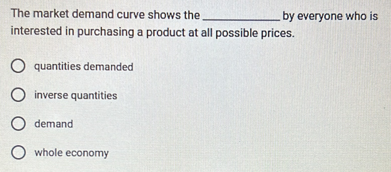 The market demand curve shows the _by everyone who is
interested in purchasing a product at all possible prices.
quantities demanded
inverse quantities
demand
whole economy