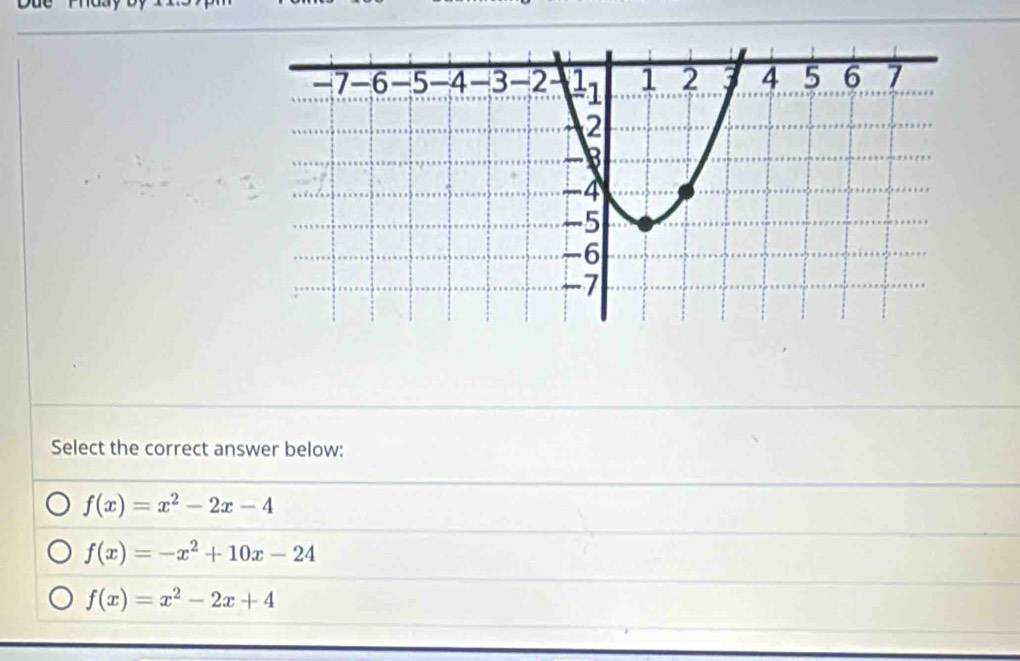 Select the correct answer below:
f(x)=x^2-2x-4
f(x)=-x^2+10x-24
f(x)=x^2-2x+4