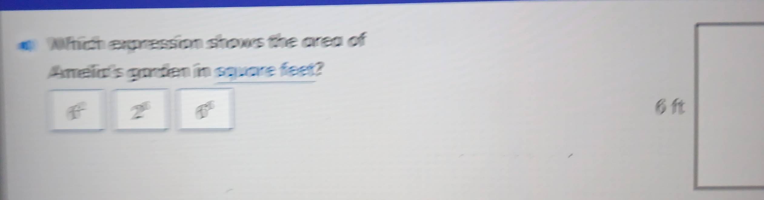 Which expression shows the area of
Amela's garden in square feet?
ff^f
2^6
60^6