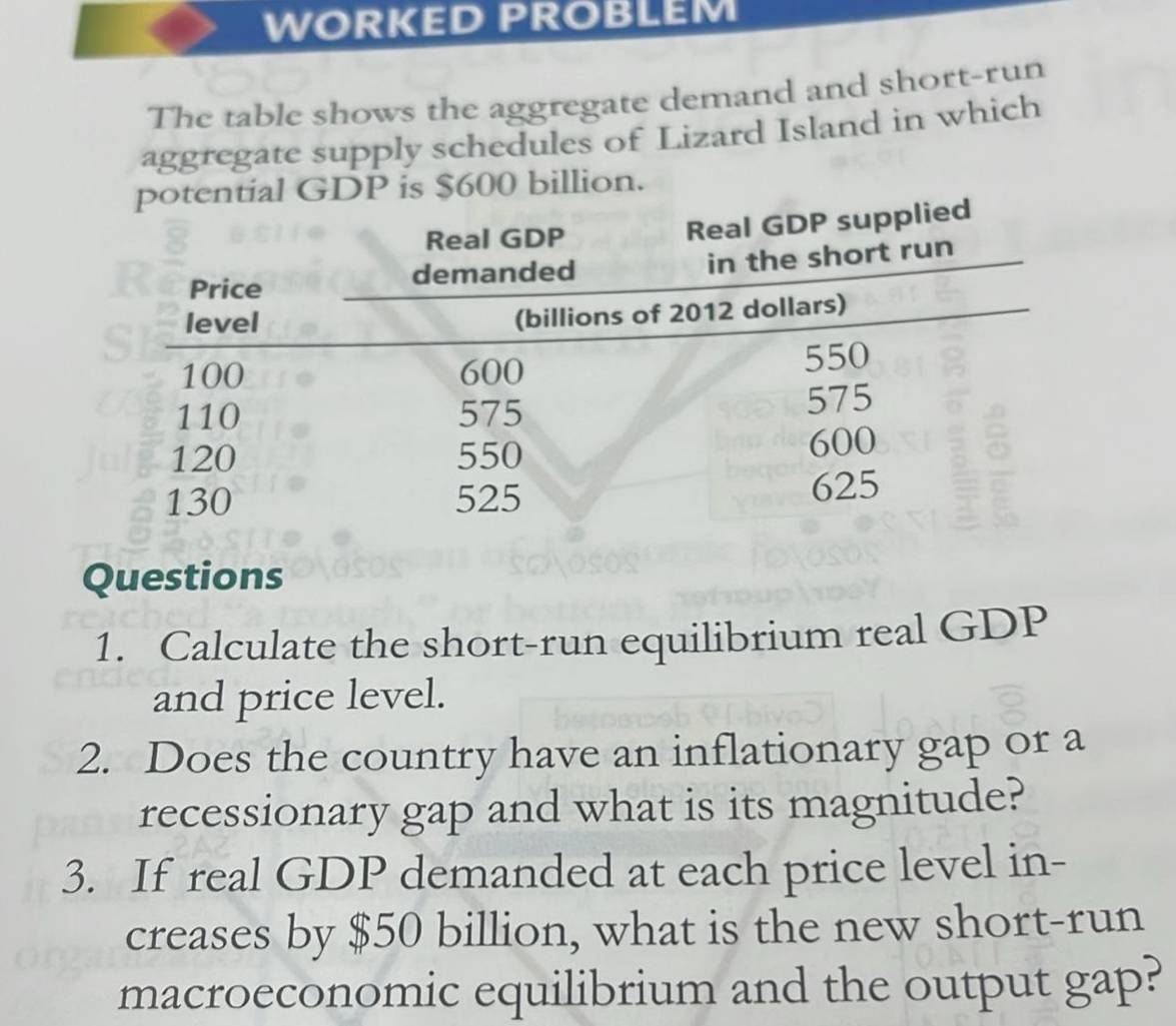 WORKED PROBLEM 
The table shows the aggregate demand and short-run 
aggregate supply schedules of Lizard Island in which
00 billion. 
Questions 
1. Calculate the short-run equilibrium real GDP 
and price level. 
2. Does the country have an inflationary gap or a 
recessionary gap and what is its magnitude? 
3. If real GDP demanded at each price level in- 
creases by $50 billion, what is the new short-run 
macroeconomic equilibrium and the output gap?