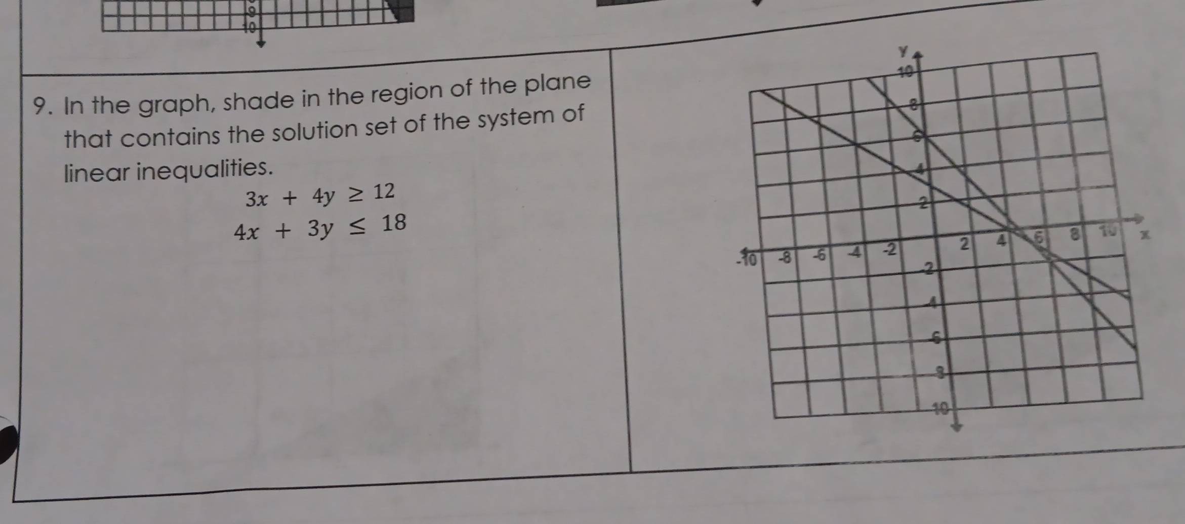 to
9. In the graph, shade in the region of the plane
that contains the solution set of the system of
linear inequalities.
3x+4y≥ 12
4x+3y≤ 18