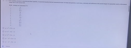 the a nething relioiater to determine the lineer, quadratin, or exponential equention that best represents the dele. For drear and quadratica, neured elope, y -intersept, and coeticlents in the neursed integer. For exjorentila, merd i i thoe meare
=-x^2+17x+13
a=r^3-17a-1
a=c^2-37a-11
a=-x^2+17x+11
mu =-x^2=17x=F
1