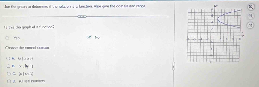 Use the graph to determine if the relation is a function. Also give the domain and range. 
Is this the graph of a function? B
Yes No
Choose the correct domain
A.  x|x≥ 5
B.  x|x≥ 1
C.  x|x≤ 1
D. All real numbers