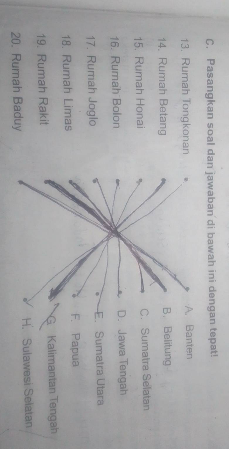 Pasangkan soal dan jawaban di bawah ini dengan tepat!
13. Rumah Tongkonan. Banten
14. Rumah Betang. Belitung
15. Rumah Honai. Sumatra Selatan
16. Rumah Bolon. Jawa Tengah
17. Rumah JogloE. Sumatra Utara
F. Papua
18. Rumah Limas
19. Rumah RakitG Kalimantan Tengah
20. Rumah BaduyH. Sulawesi Selatan