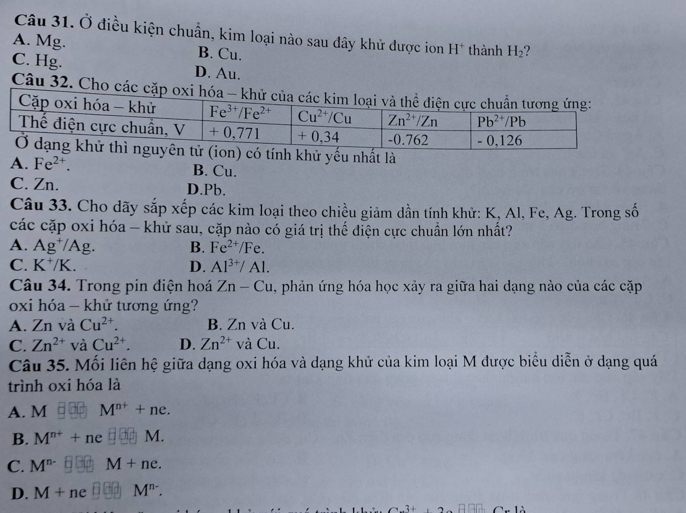 Ở điều kiện chuẩn, kim loại nào sau đây khử được ion H^+ thành H_2
A. Mg. B. Cu.
C. Hg. D. Au.
Câu 32. Cho các cặp oxi 
nh khử yếu nhất là
A. Fe^(2+). B. Cu.
C. Zn. D.Pb.
Câu 33. Cho dãy sắp xếp các kim loại theo chiều giảm dần tính khử: K, Al, Fe, Ag. Trong số
các cặp oxi hóa - khử sau, cặp nào có giá trị thế điện cực chuẩn lớn nhất?
A. Ag^+/Ag. B. Fe^(2+)/Fe.
C. K^+/K. D. Al^(3+)/Al.
Câu 34. Trong pin điện hoá Zn-Cu , phản ứng hóa học xảy ra giữa hai dạng nào của các cặp
oxi hóa - khử tương ứng?
A. Zn và Cu^(2+). B. Zn và Cu.
C. Zn^(2+) và Cu^(2+). D. Zn^(2+) và Cu.
Câu 35. Mối liên hệ giữa dạng oxi hóa và dạng khử của kim loại M được biểu diễn ở dạng quá
trình oxi hóa là
A. M M^(n+)+ne.
B. M^(n+)+ne □ □ M.
C. M^(n-) □ □ L M+ne.
D. M+ne M^(n-).