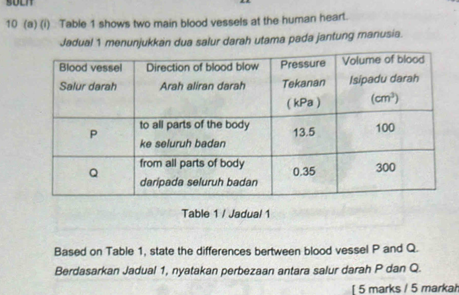 SULIT
10 (a) (i) Table 1 shows two main blood vessels at the human heart.
Jadual 1 menunjukkan dua salur darah utama pada jantung manusia.
Table 1 / Jadual 1
Based on Table 1, state the differences bertween blood vessel P and Q.
Berdasarkan Jadual 1, nyatakan perbezaan antara salur darah P dan Q.
[ 5 marks / 5 markah