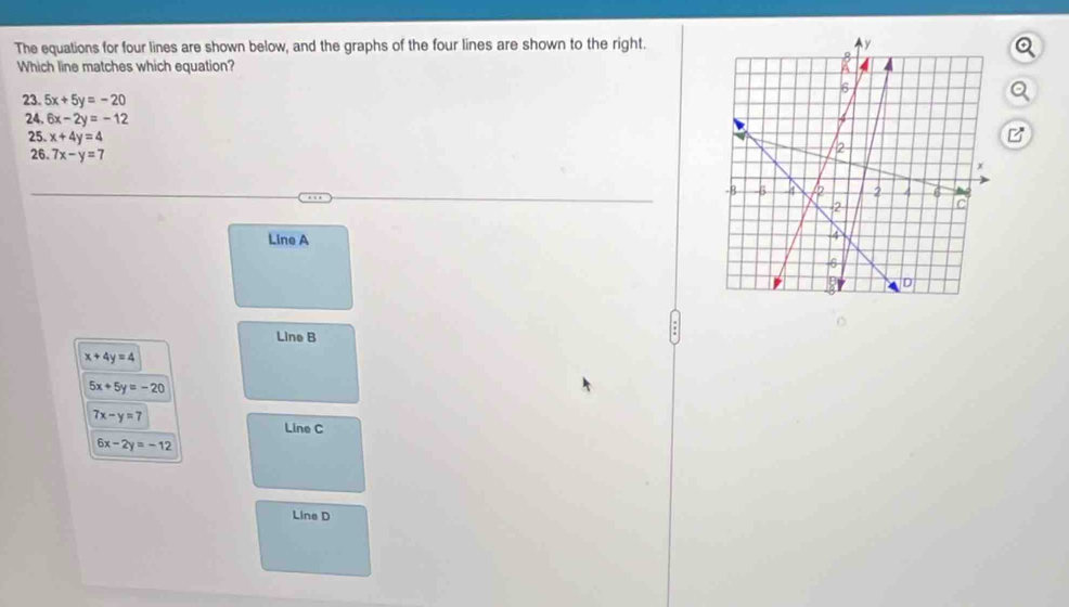 The equations for four lines are shown below, and the graphs of the four lines are shown to the right.
Which line matches which equation?
23. 5x+5y=-20
24. 6x-2y=-12
25. x+4y=4 B
26. 7x-y=7
Line A
Line B
x+4y=4
5x+5y=-20
7x-y=7
Line C
6x-2y=-12
Line D