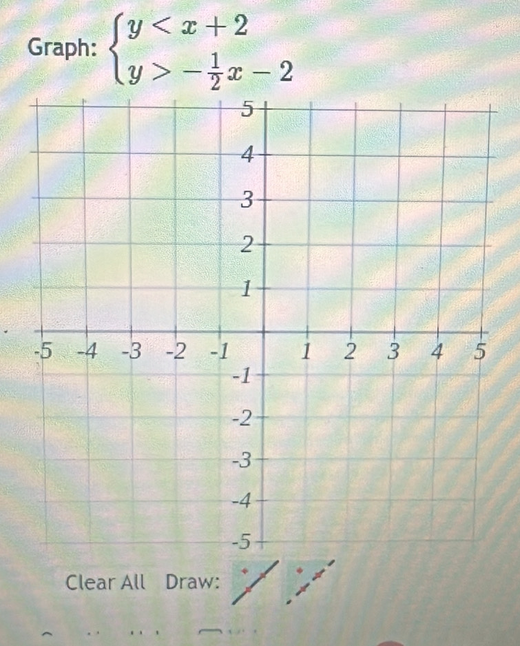 Graph: beginarrayl y - 1/2 x-2endarray.
Clear All Draw: