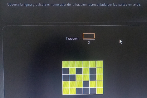 Observa la figura y calcula el numerador de la fracción representada por las partes en verde. 
Fracción :  □ /3 