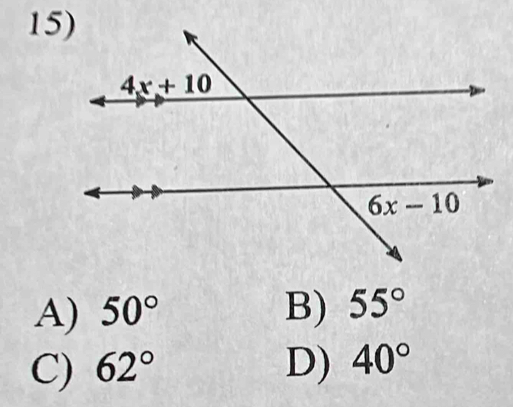 A) 50° B) 55°
C) 62° D) 40°