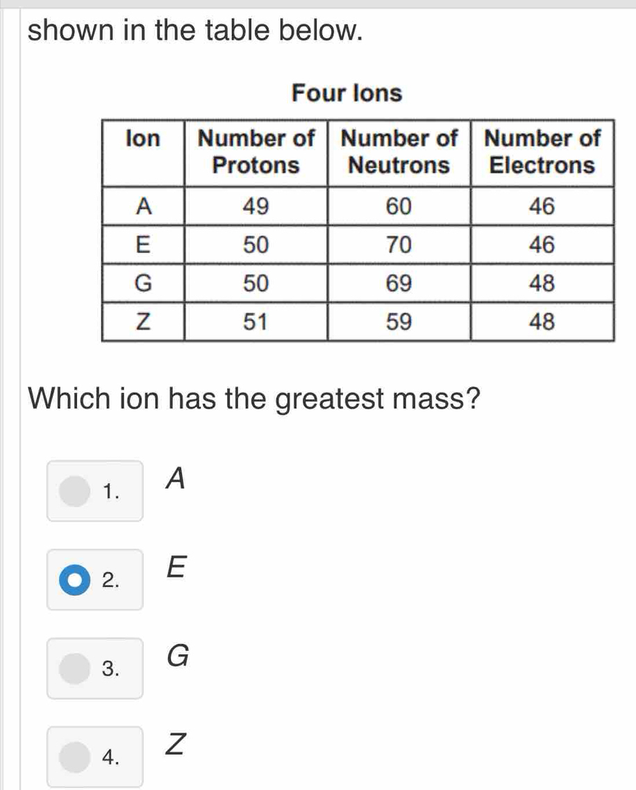 shown in the table below.
Four lons
Which ion has the greatest mass?
1. A
2. E
3. G
4. Z