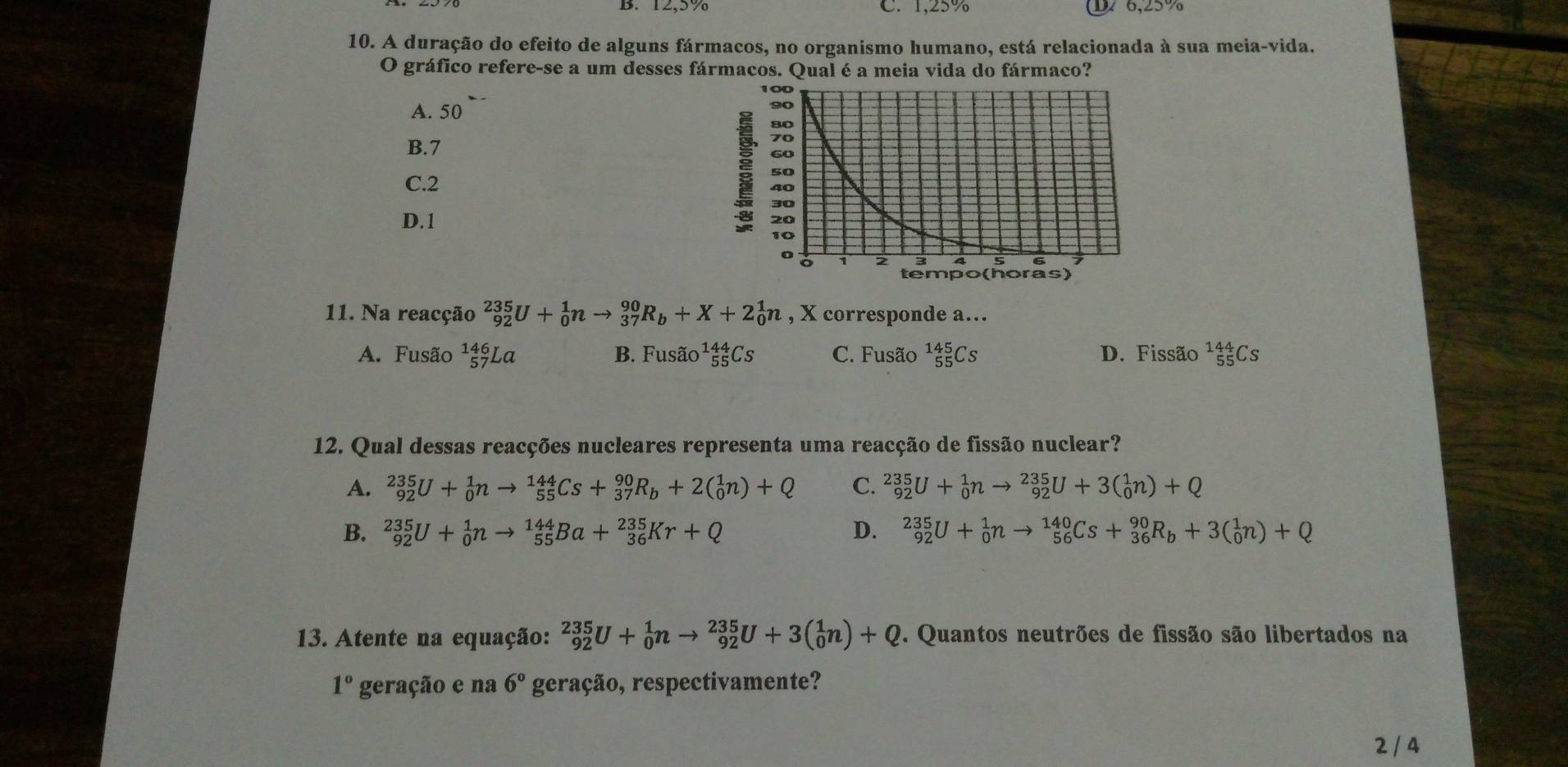 C. 1,25% D 6,25%
10. A duração do efeito de alguns fármacos, no organismo humano, está relacionada à sua meia-vida.
O gráfico refere-se a um desses fármacos. Qual é a meia vida do fármaco?
A. 50
B.7
C.2
D.1 
11. Na reacção _(92)^(235)U+_0^(1nto _(37)^(90)R_b)+X+2_0^(1n , X corresponde a...
A. Fusão 1beginarray)r 4 5endarray;La B. Fusão^(144)_55Cs C. Fusão _(55)^(145)Cs D. Fissão _(55)^(144)C C
12. Qual dessas reacções nucleares representa uma reacção de fissão nuclear?
A. _(92)^(235)U+_0^(1nto _(55)^(144)Cs+_(37)^(90)R_b)+2(_0^(1n)+Q C. _(92)^(235)U+_0^1nto _(92)^(235)U+3(_0^1n)+Q
B. _(92)^(235)U+_0^1nto _(55)^(144)Ba+_(36)^(235)Kr+Q D. _(92)^(235)U+_0^1nto _(56)^(140)Cs+_(36)^(90)R_b)+3(_0^(1n)+Q
13. Atente na equação: _(92)^(235)U+_0^1nto _(92)^(235)U+3(_0^1n)+Q. Quantos neutrões de fissão são libertados na
1^circ) geração e na 6° geração, respectivamente?
2 / 4