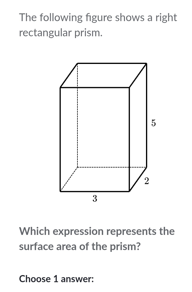 The following figure shows a right 
rectangular prism. 
Which expression represents the 
surface area of the prism? 
Choose 1 answer: